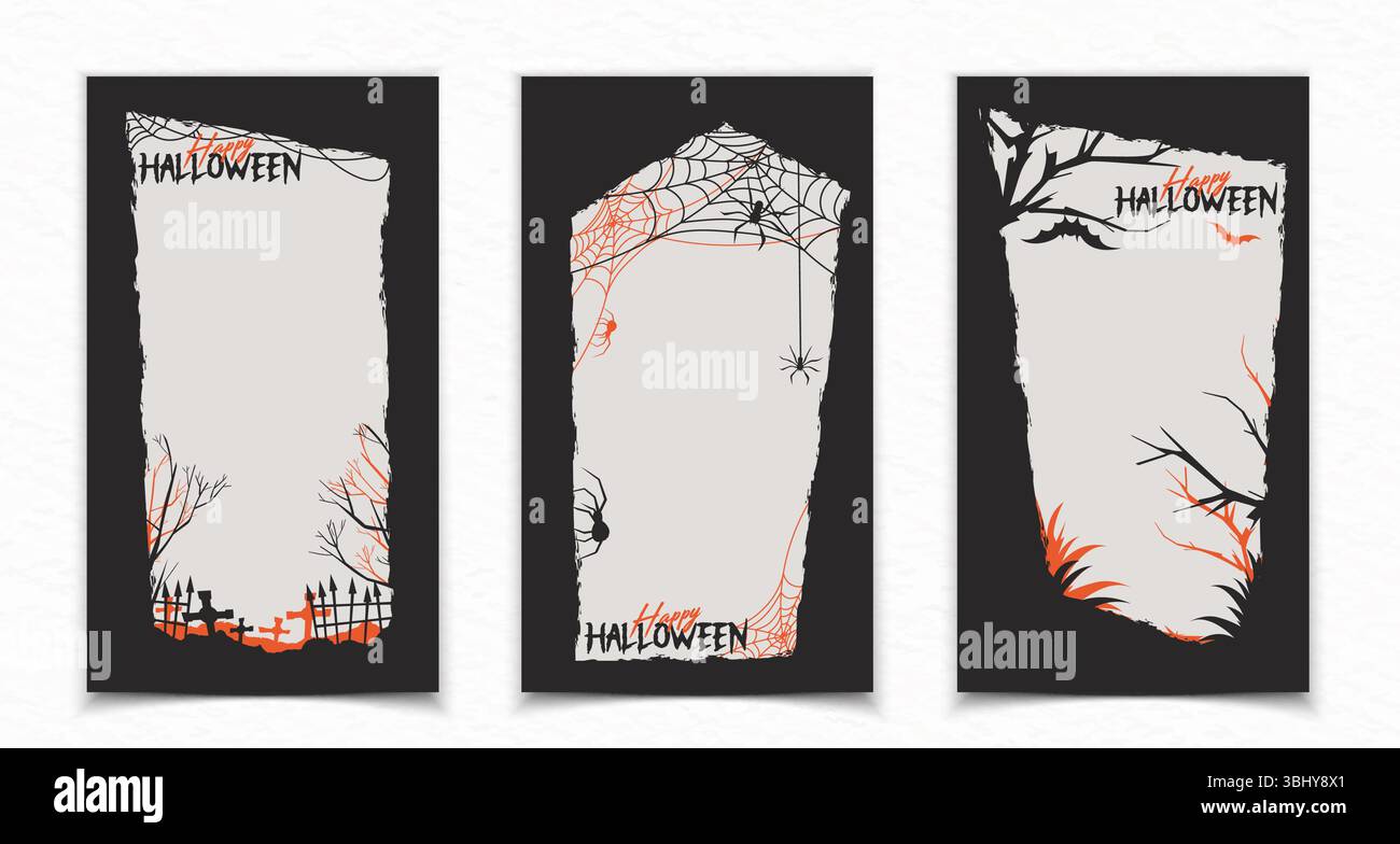Modelli di cornici per i social media di Halloween con silhouette spaventose. Disegni verticali con ragnatele, recinzione e tombe del cimitero, alberi raccapriccianti, pipistrelli in colori nero e arancione. I confini della storia gotica. Illustrazione Vettoriale