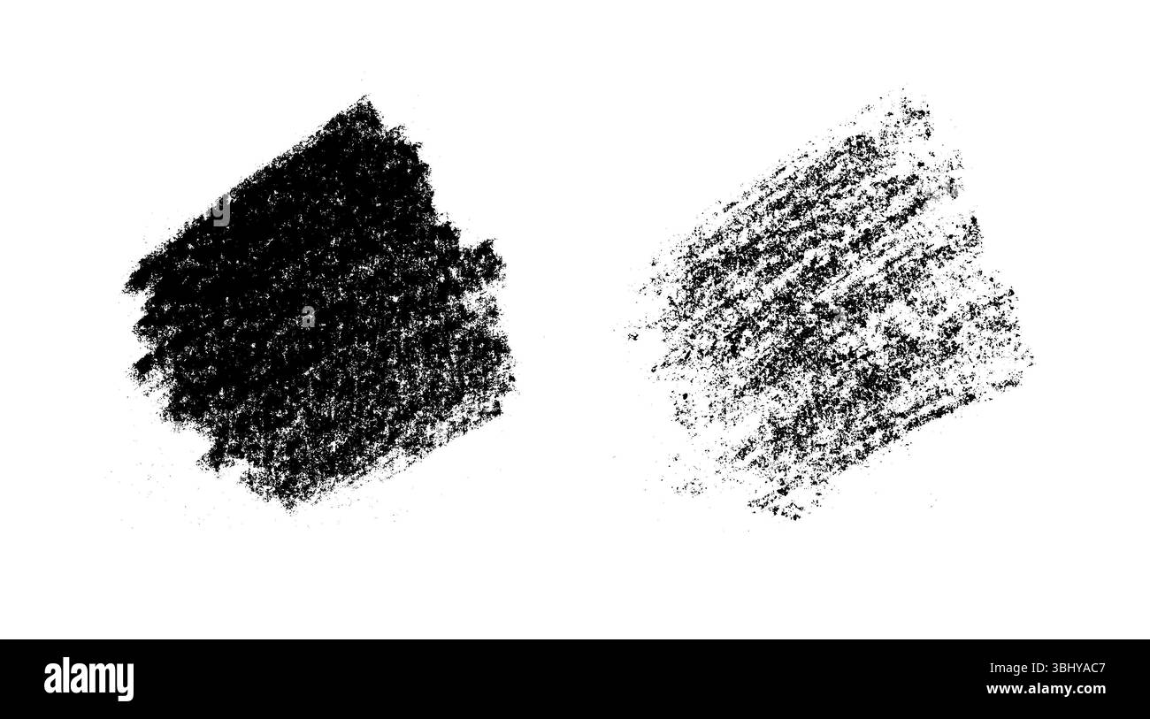 Set di due macchie di texture. Ripieno di pastelli di cera, gesso, matite. Uno spot è grigio chiaro. L'altro è nero con sfumatura in grigio. I punti lo sono Foto Stock