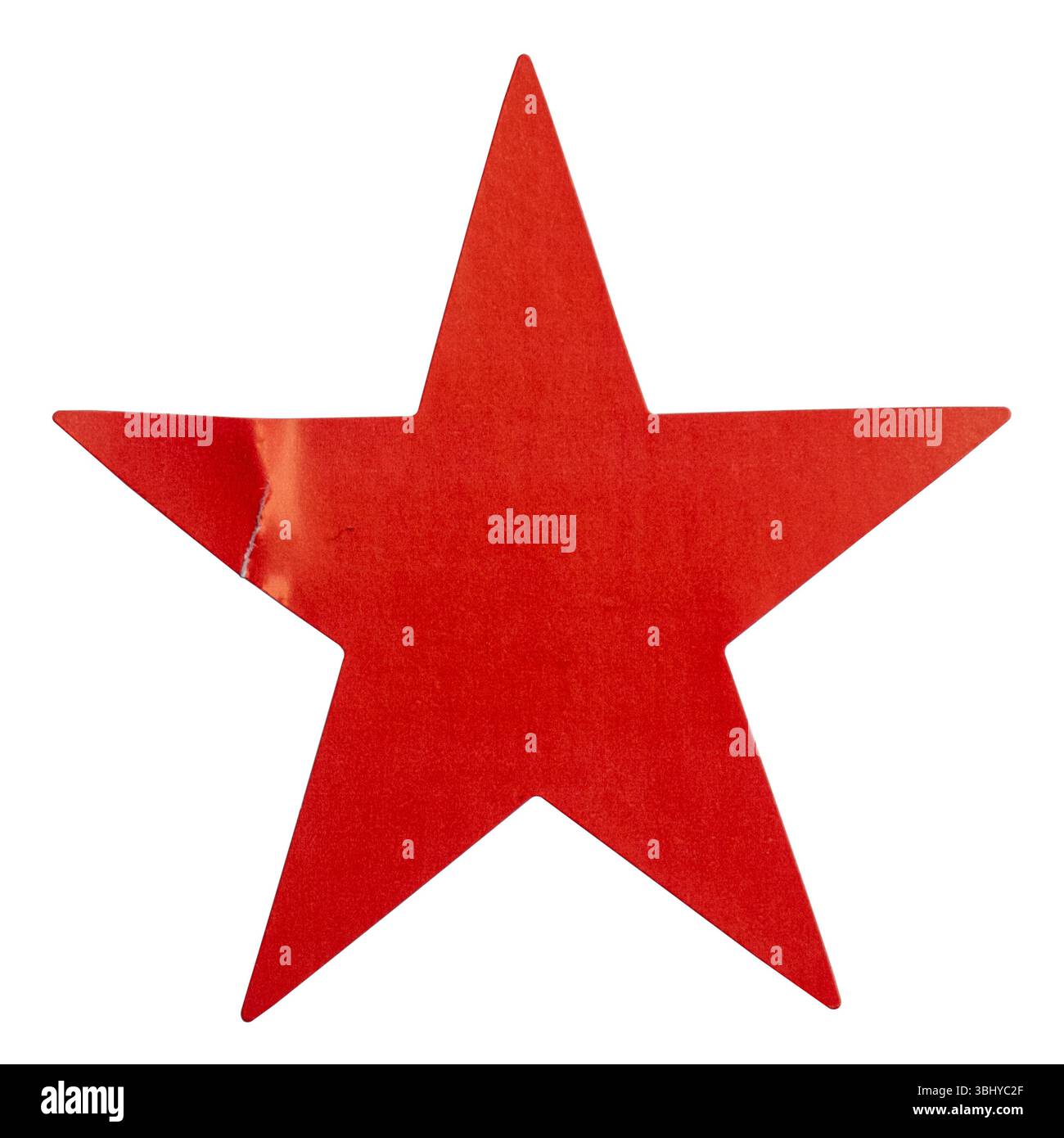 Adesivo rosso a forma di stella isolato su bianco. Foto Stock