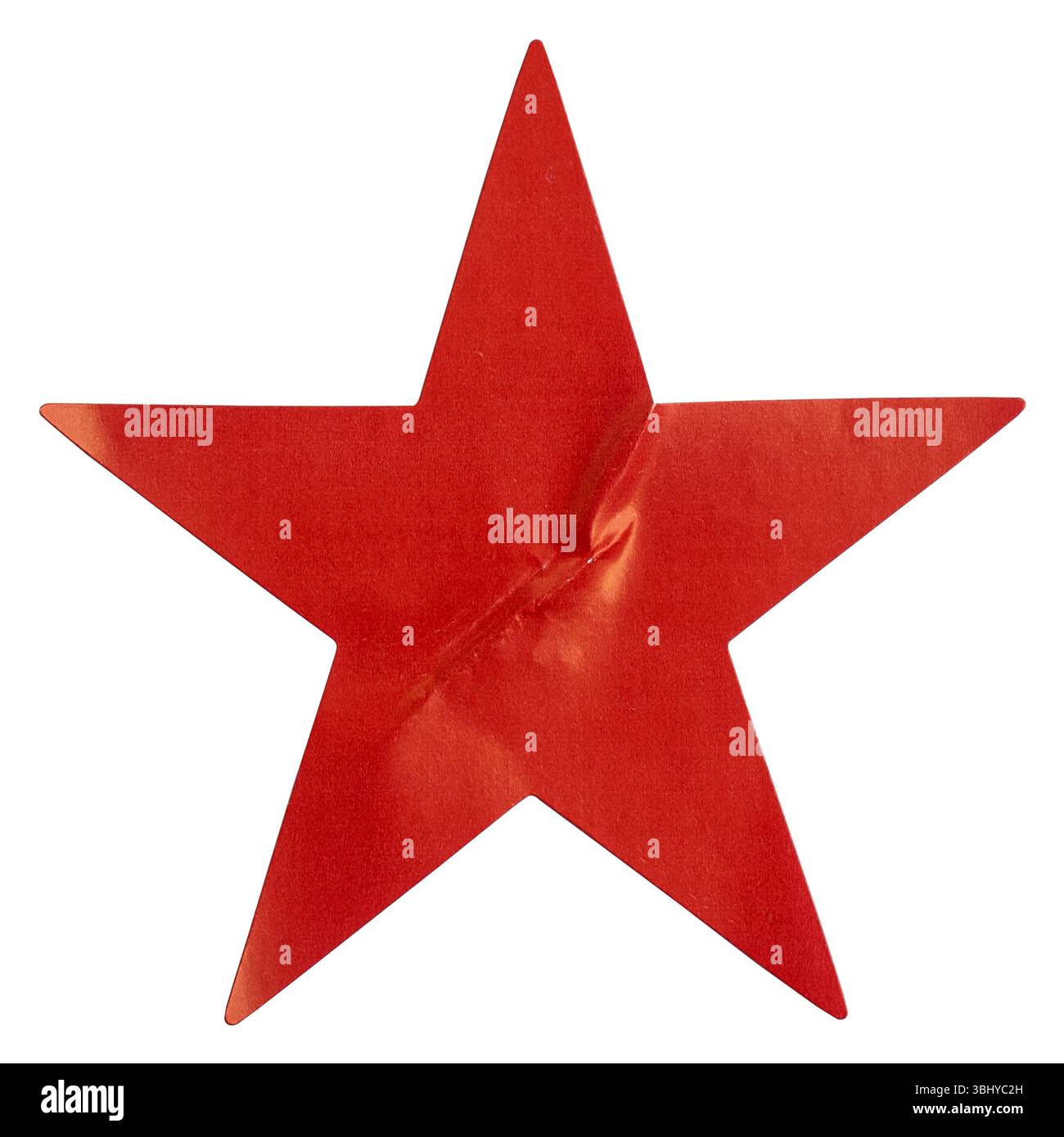 Adesivo rosso a forma di stella isolato su bianco. Foto Stock
