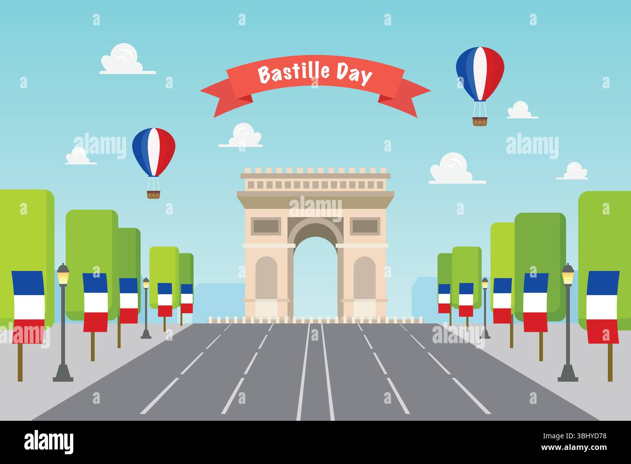 Festa della Bastiglia all'Arco di Trionfo di Parigi in Francia. Illustrazione vettoriale. Illustrazione Vettoriale