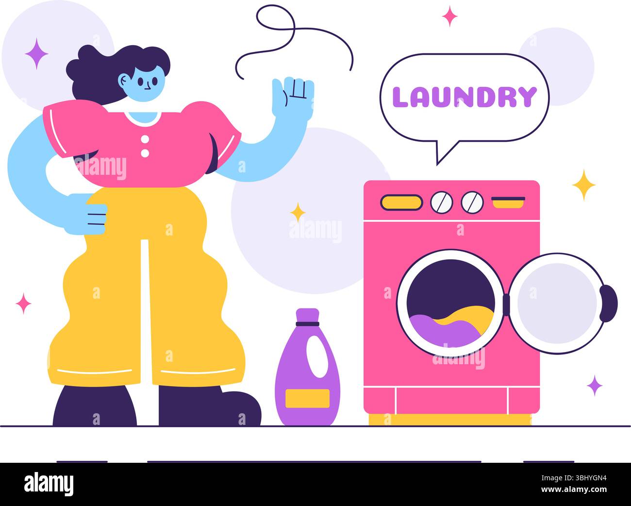 Illustrazione vettoriale della lavanderia con lavatrici e asciugatrici, con un cestino pieno di vestiti sporchi sullo sfondo di un cartone animato Illustrazione Vettoriale