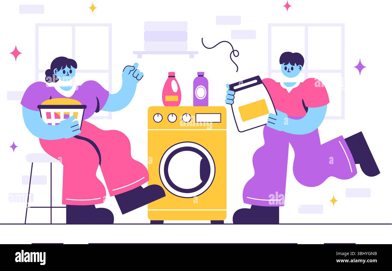 Illustrazione vettoriale della lavanderia con lavatrici e asciugatrici, con un cestino pieno di vestiti sporchi sullo sfondo di un cartone animato Illustrazione Vettoriale