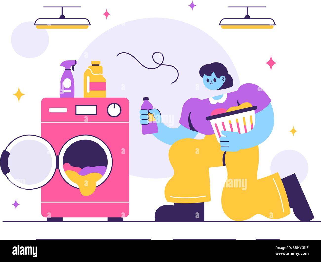 Illustrazione vettoriale della lavanderia con lavatrici e asciugatrici, con un cestino pieno di vestiti sporchi sullo sfondo di un cartone animato Illustrazione Vettoriale