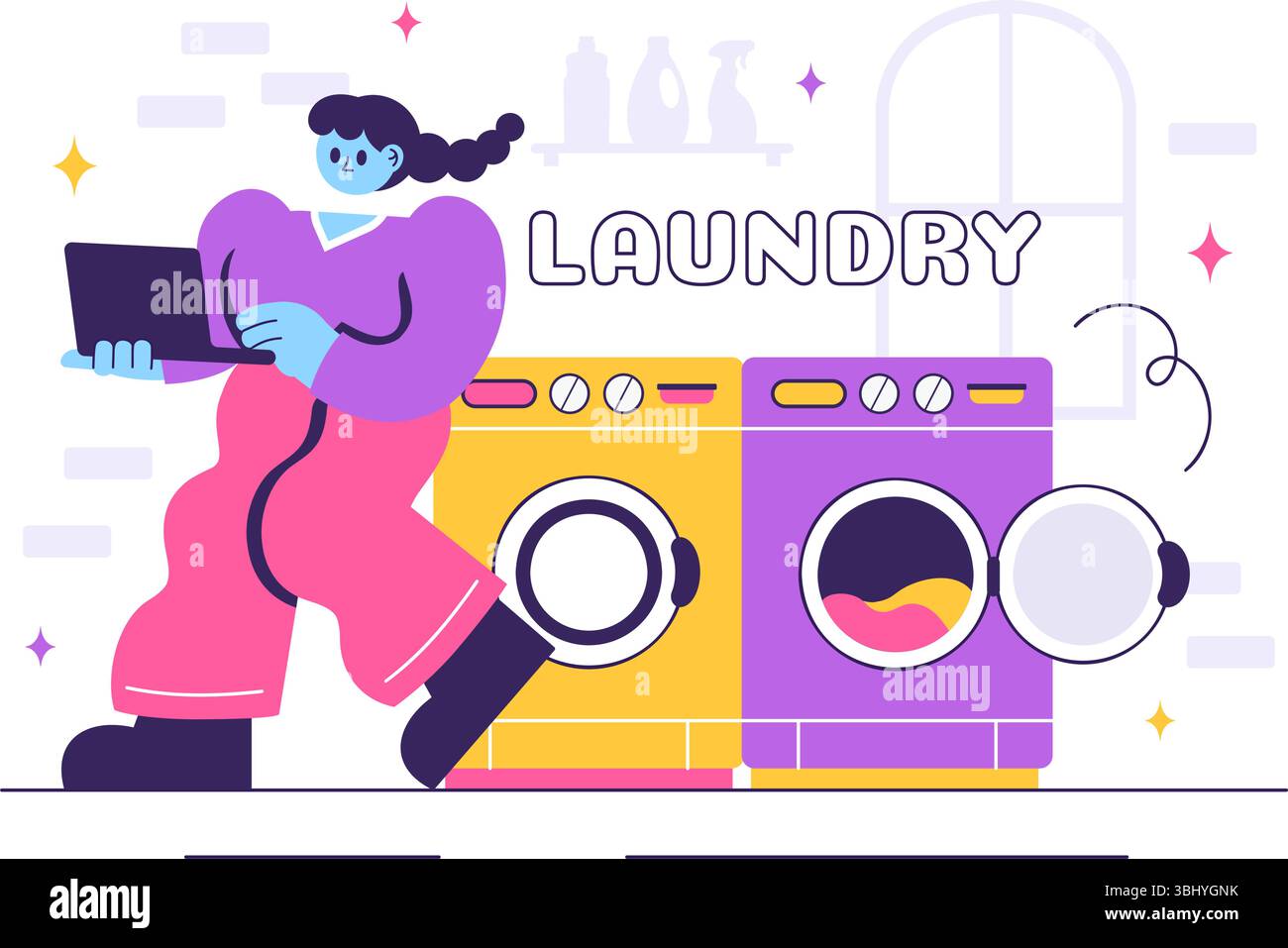 Illustrazione vettoriale della lavanderia con lavatrici e asciugatrici, con un cestino pieno di vestiti sporchi sullo sfondo di un cartone animato Illustrazione Vettoriale
