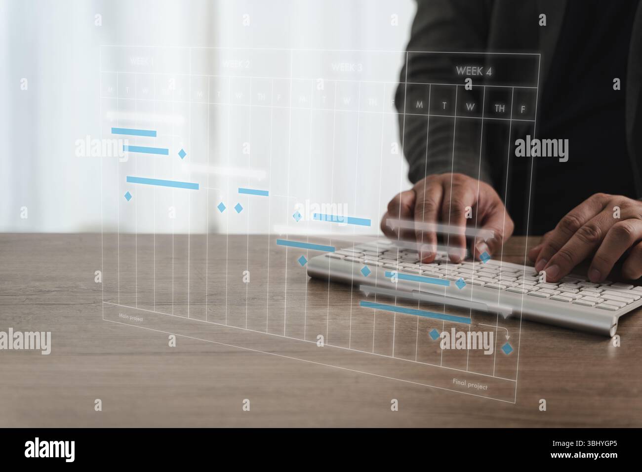 Una persona di business coach online che lavora al computer con sovrapposizione grafica digitale che mostra le tendenze e l'analisi dei dati, l'ambiente di ufficio moderno e la trasmissione Foto Stock
