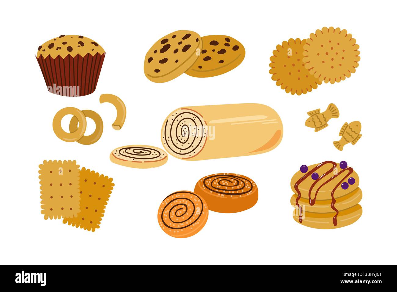 Illustrazione vettoriale in stile cartone animato piatto di vari set isolati di prodotti da forno, tra cui un panino, un cracker, un biscotto, un pretzel, biskuitrolle e muffin. Al Illustrazione Vettoriale