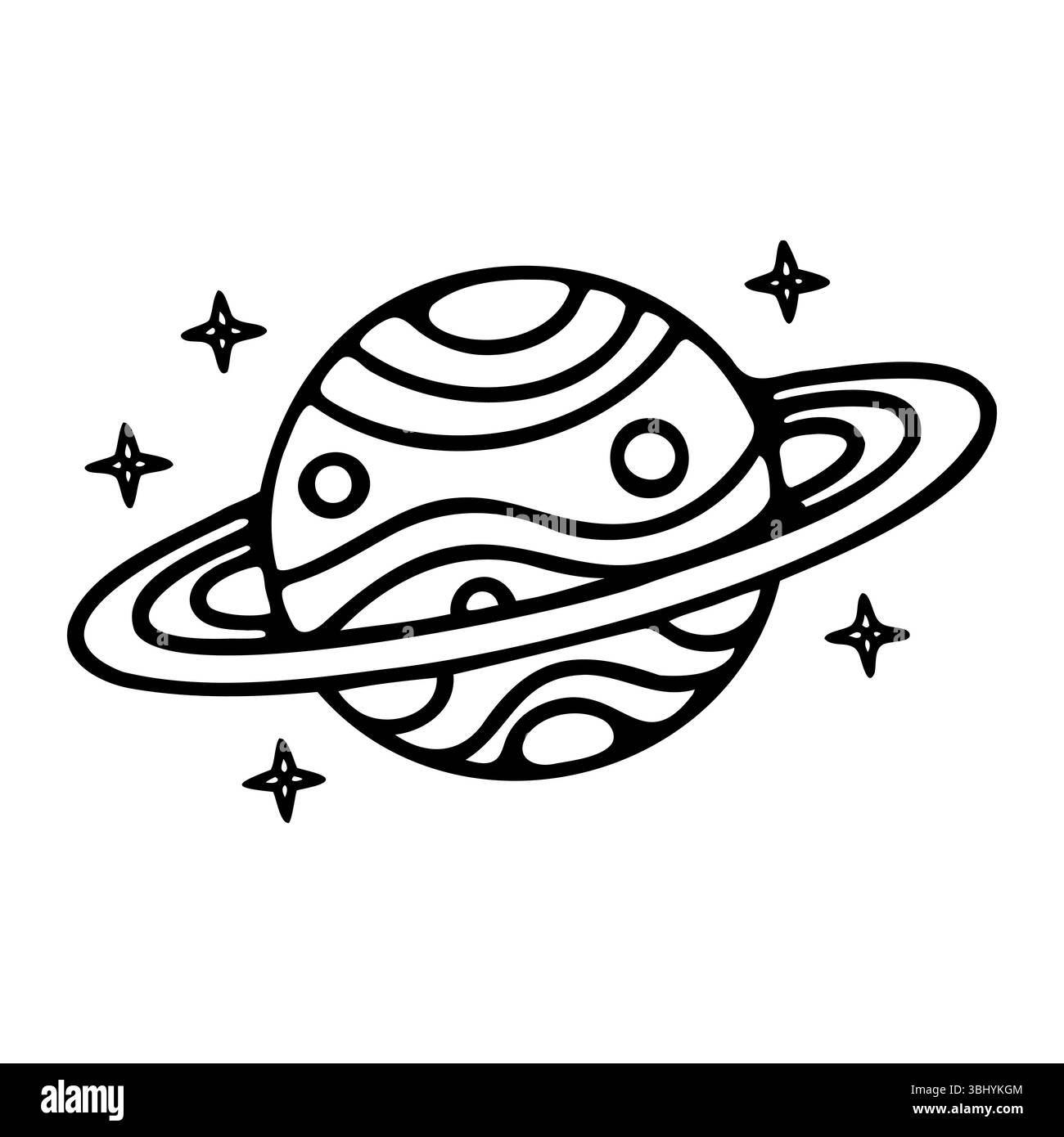 Un semplice disegno di linea di un pianeta con anelli, circondato da stelle. Il pianeta presenta motivi ondulati e segni circolari, che rappresentano un oggetto stilizzato Illustrazione Vettoriale