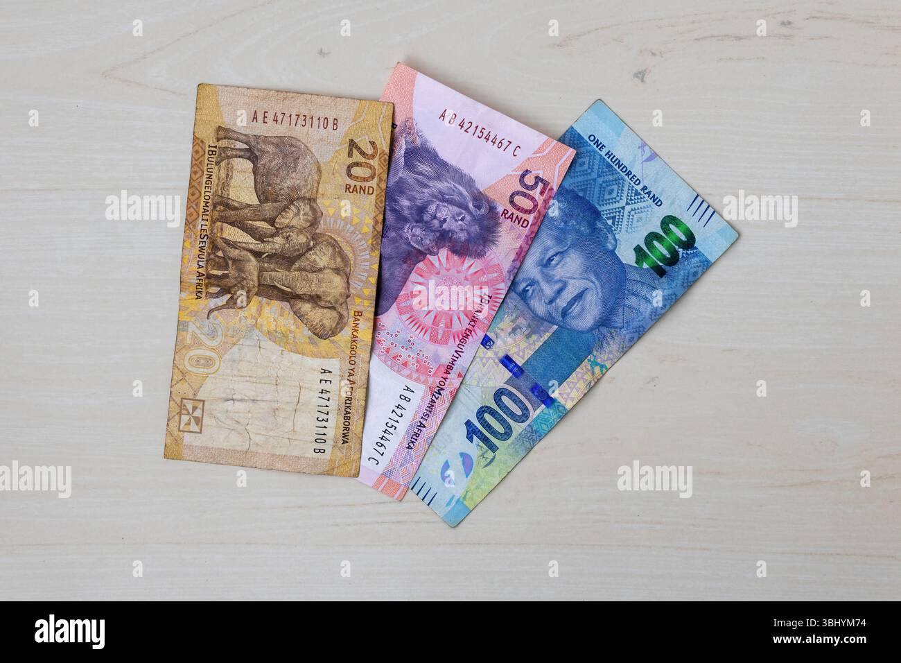 Banconote del Rand sudafricano (20, 50, 100) su legno chiaro. Sa Money, venti, cinquanta, cento rand, vista dall'alto. Foto Stock
