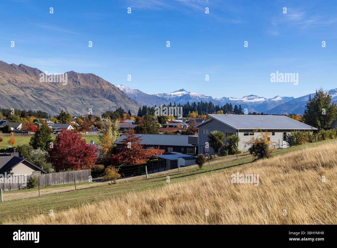 La città di Wanaka e le case residenziali viste dalla riserva di Mount Iron a Wanaka, Otago, nuova Zelanda Foto Stock