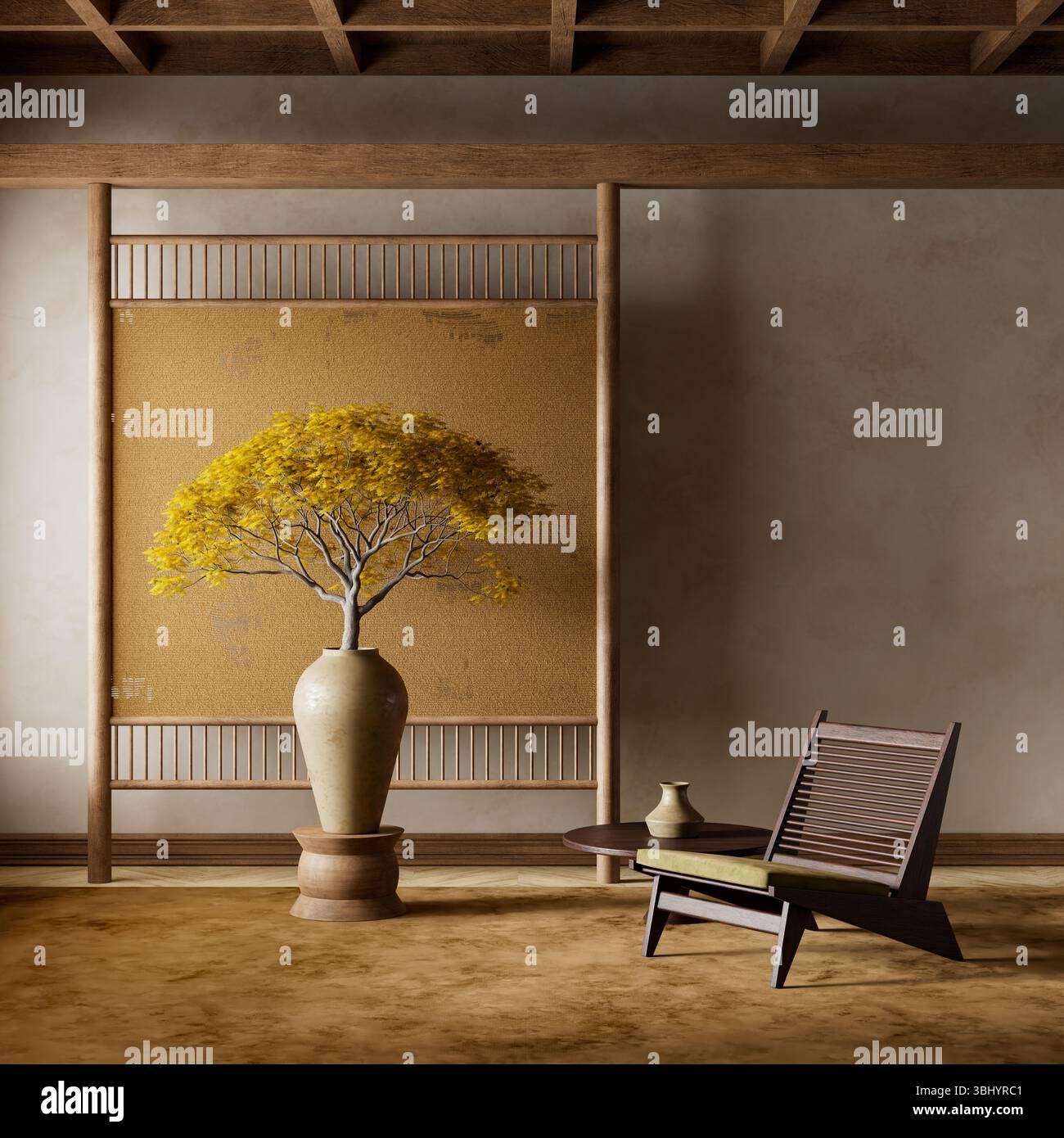 Camera moderna con tonalità terrose, posti a sedere bassi e vasi in ceramica. Un albero in vaso e decorazioni di ispirazione giapponese creano un'atmosfera tranquilla, elegante e minimalista Foto Stock