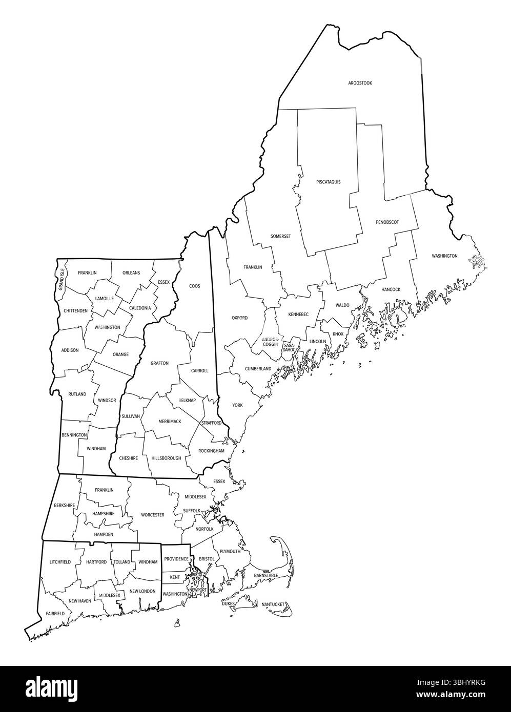 Contee del New England, schema. Regione nel nord-est degli Stati Uniti. Connecticut, Maine, Massachusetts, New Hampshire, Rhode Island, e nel Vermont. Foto Stock
