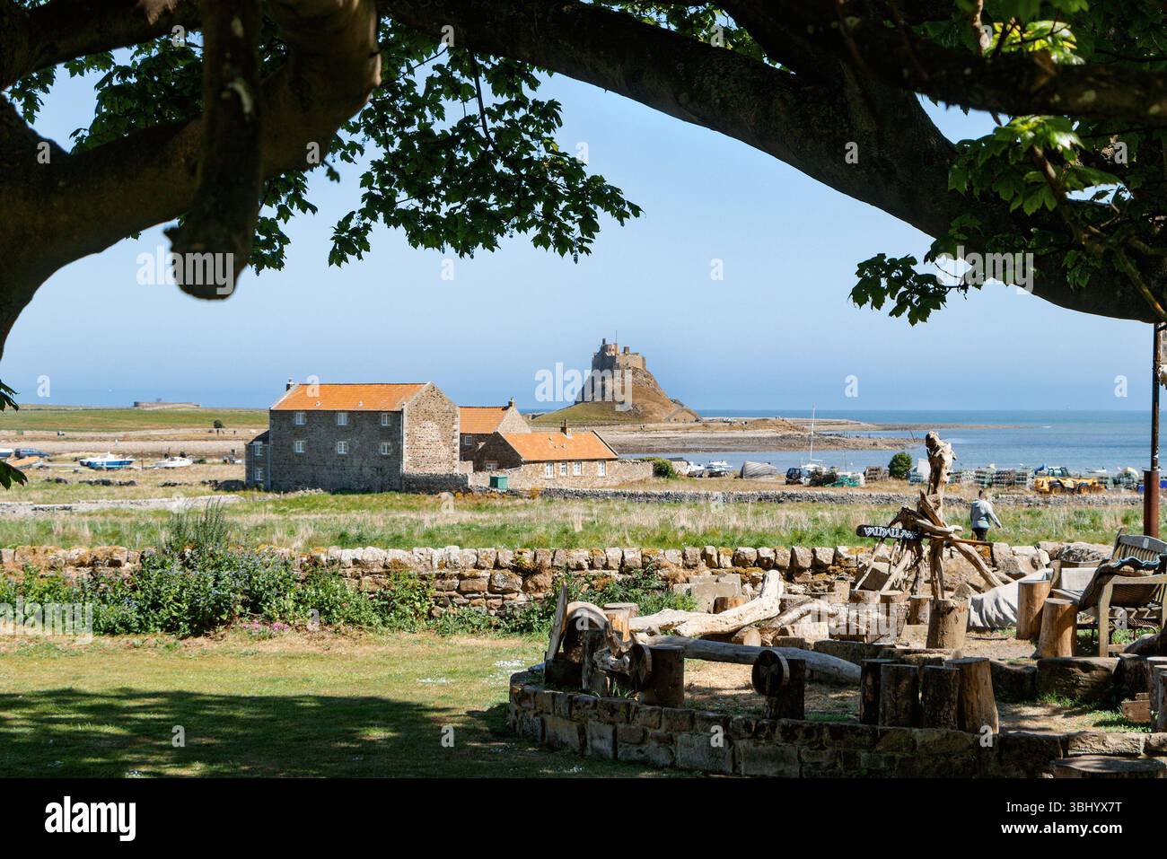 Paesaggio costiero panoramico del northumberland con edifici storici in pietra e un lontano castello di lindisfarne incorniciato da rami di alberi sotto un cielo azzurro Foto Stock