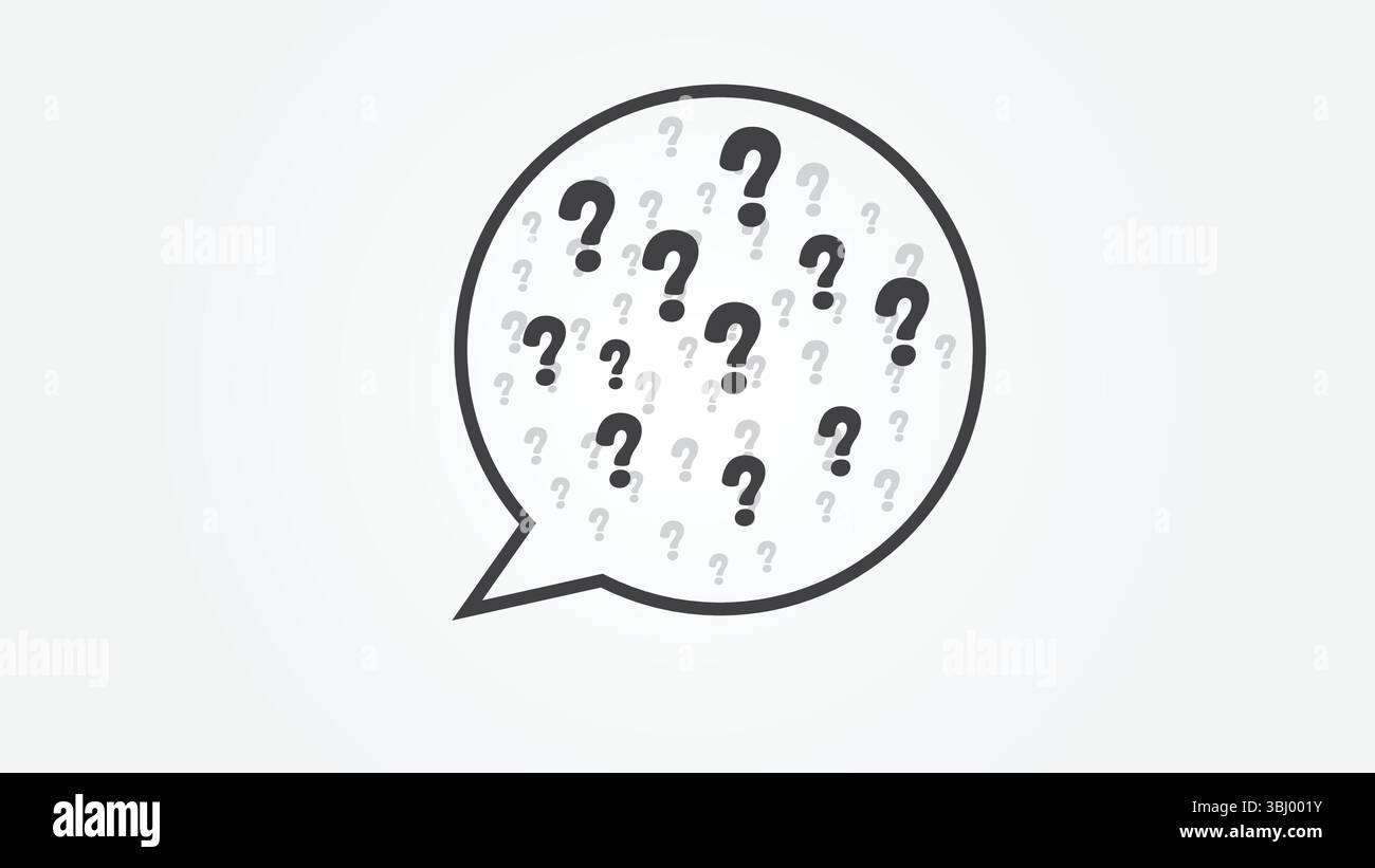 Illustrazione vettoriale di un grande fumetto di conversazione pieno di punti interrogativi, circondato da quelli più piccoli. Ideale per la rappresentazione di brainstorming, soluzioni e a. Illustrazione Vettoriale