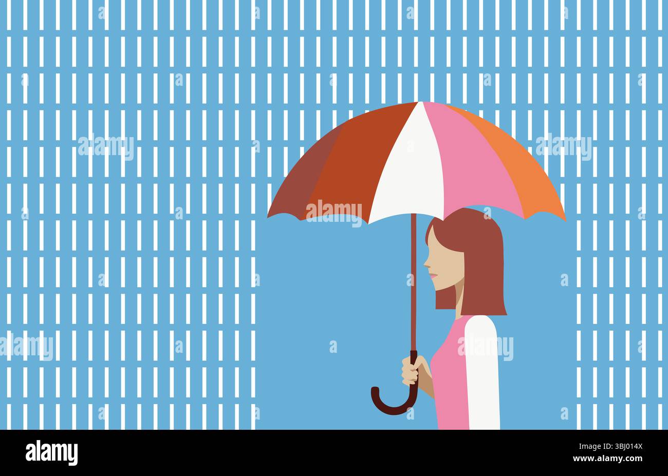 Profilo laterale di una donna con depressione che regge un ombrello vibrante in un'illustrazione digitale stilizzata della pioggia. Lo sfondo presenta una ripetizione di Foto Stock