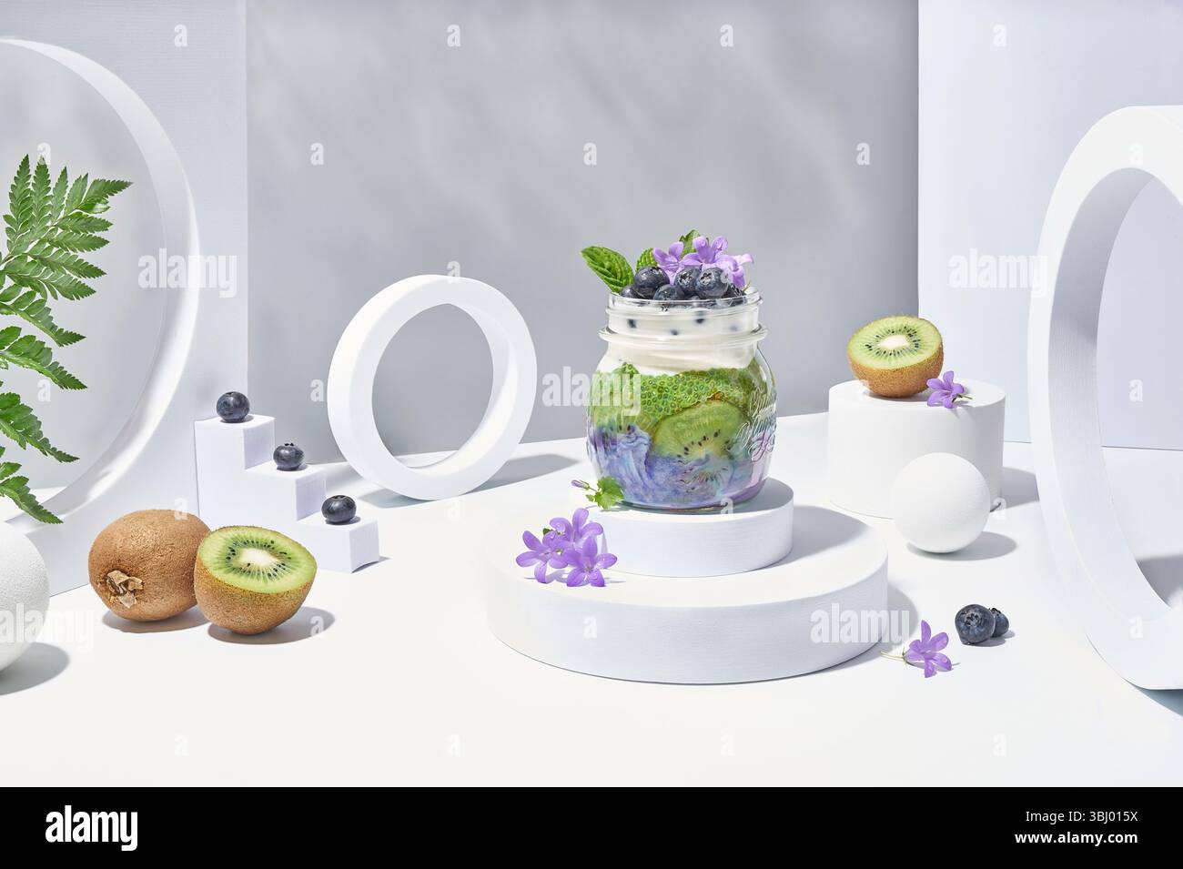 Questo vivace parfait di yogurt presenta strati di cremoso yogurt, fette di kiwi fresche e mirtilli maturi, disposti ad arte in un vaso di vetro. Circondato da Foto Stock
