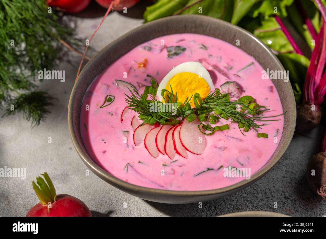 Una vivace zuppa fredda di barbabietole guarnita con aneto fresco, ravanelli a fette e un uovo sodo tagliato a metà, servita in un recipiente di ceramica accanto a verdure a foglia e. Foto Stock