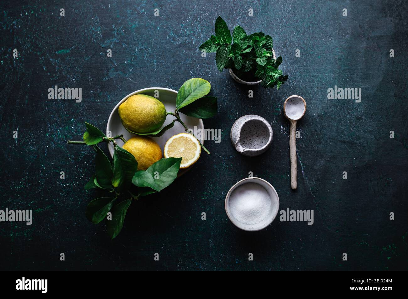 Gli ingredienti freschi per un cocktail gin tonic sono esposti su uno sfondo scuro, con vivaci limoni, foglie aromatiche di menta, zucchero grossolano e un rus Foto Stock