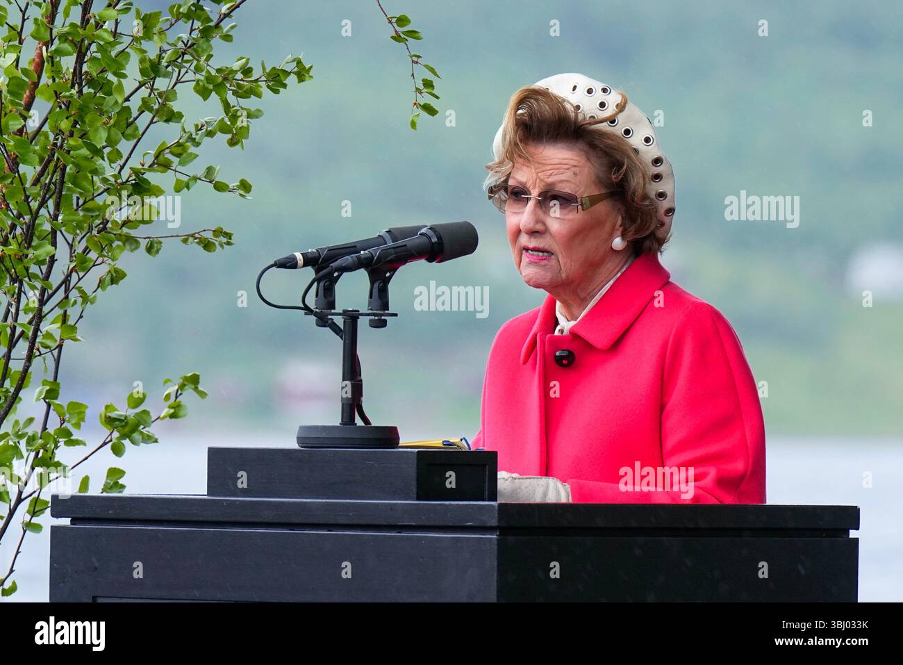 Burfjord 20250612. La Regina Sonja parla quando la coppia reale visita Burfjord nel comune di Kvænangen durante il tour della contea della coppia reale a Troms. Foto: Cornelius Poppe / NTB Foto Stock