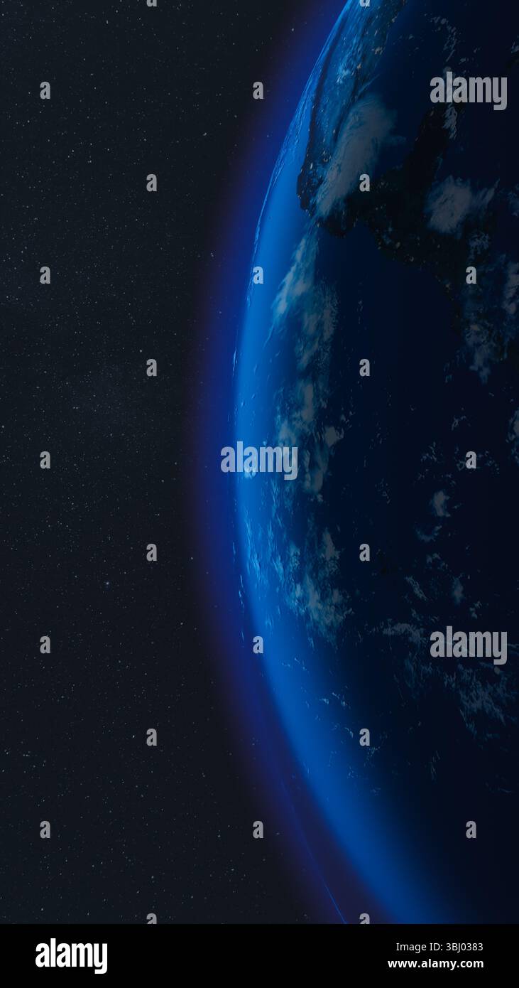 Questa splendida vista mostra la Terra illuminata dalle luci della città sotto una coperta di stelle, rivelando un panorama cosmico di notte Foto Stock