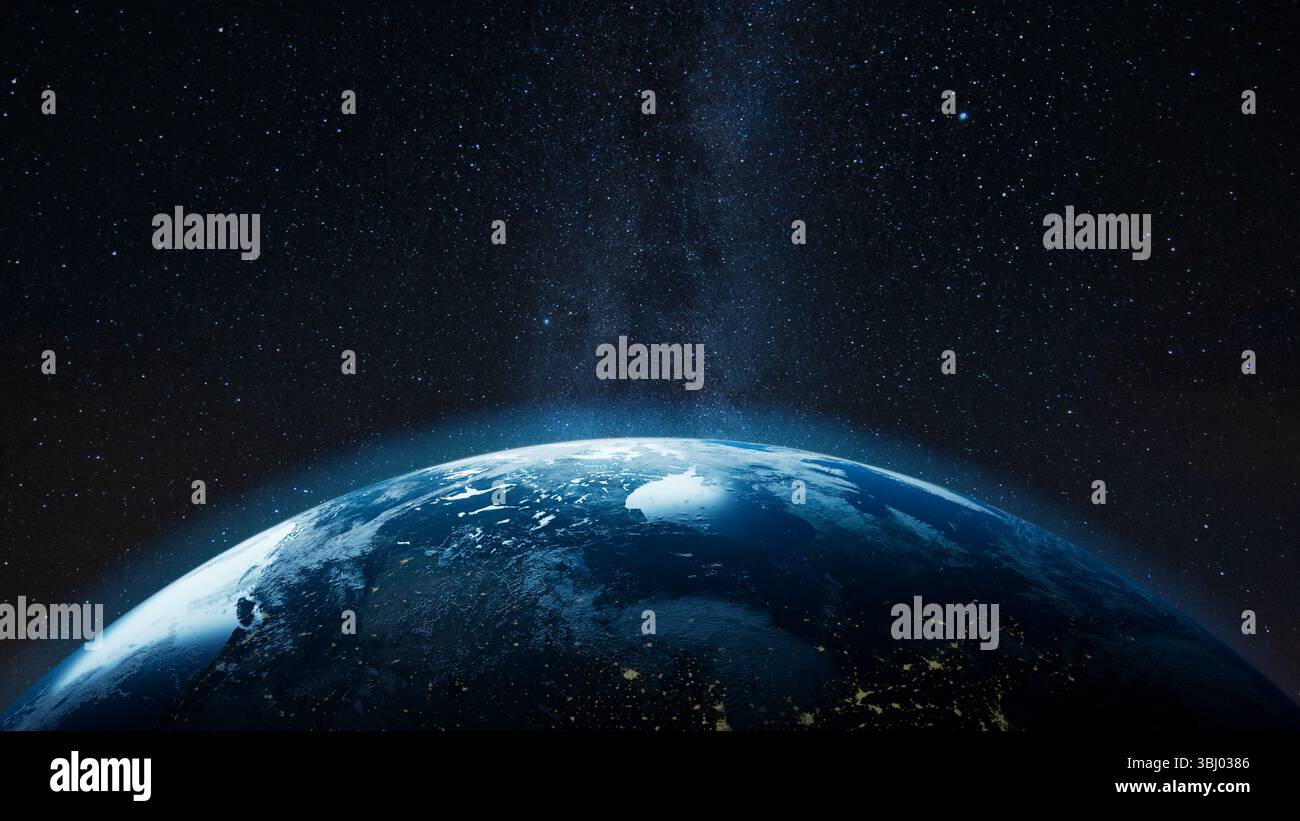 Questa splendida vista mostra la Terra illuminata dalle luci della città sotto una coperta di stelle, rivelando un panorama cosmico di notte Foto Stock