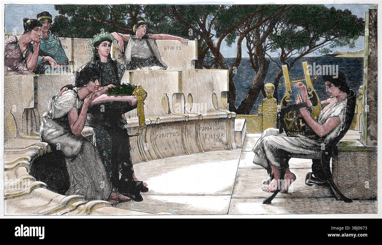 Sappo (650-580 a.C.). Poeta lirico greco, nato sull'isola di Lesbo. Incisione. "Illustrazione artistica", 1886.). Foto Stock