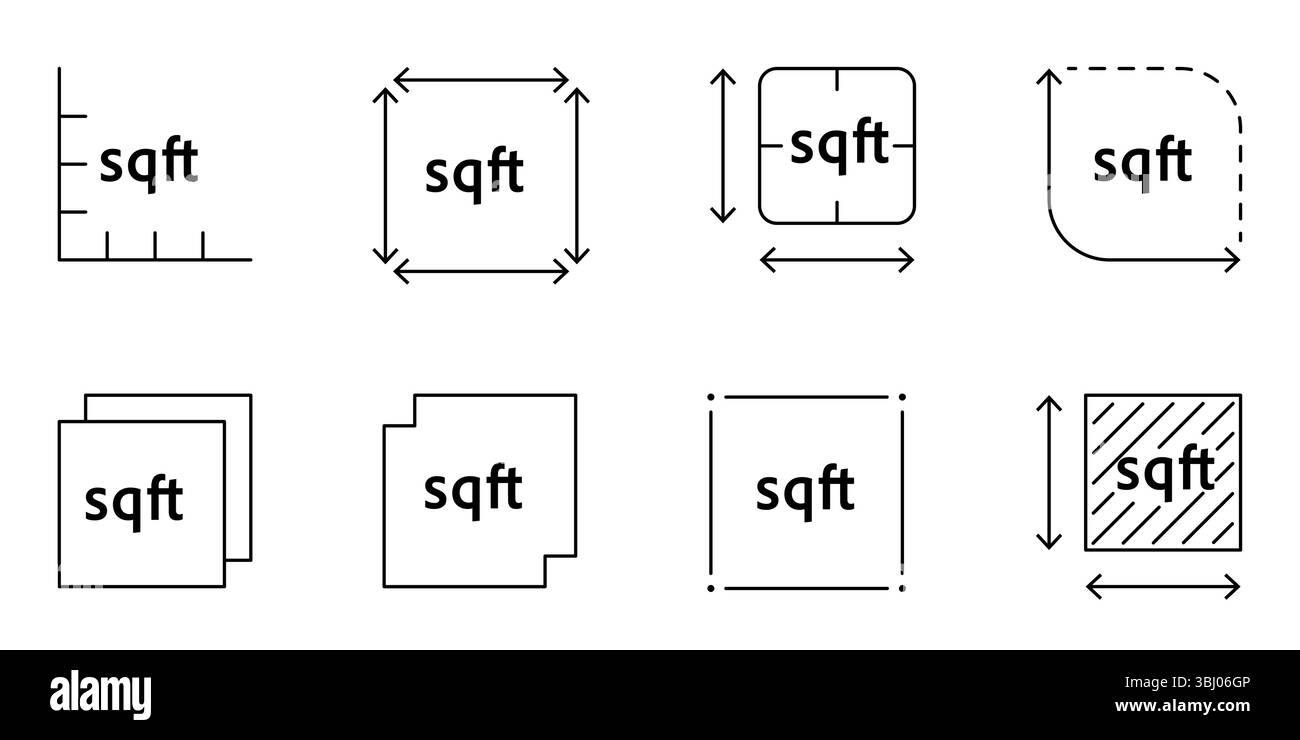 Posizionare l'icona di misurazione della dimensione in piedi quadrati. Simbolo del cartello FT2 per l'area del terreno edificabile, della casa o del pavimento interno. Contorno vettoriale minimo Illustrazione Vettoriale