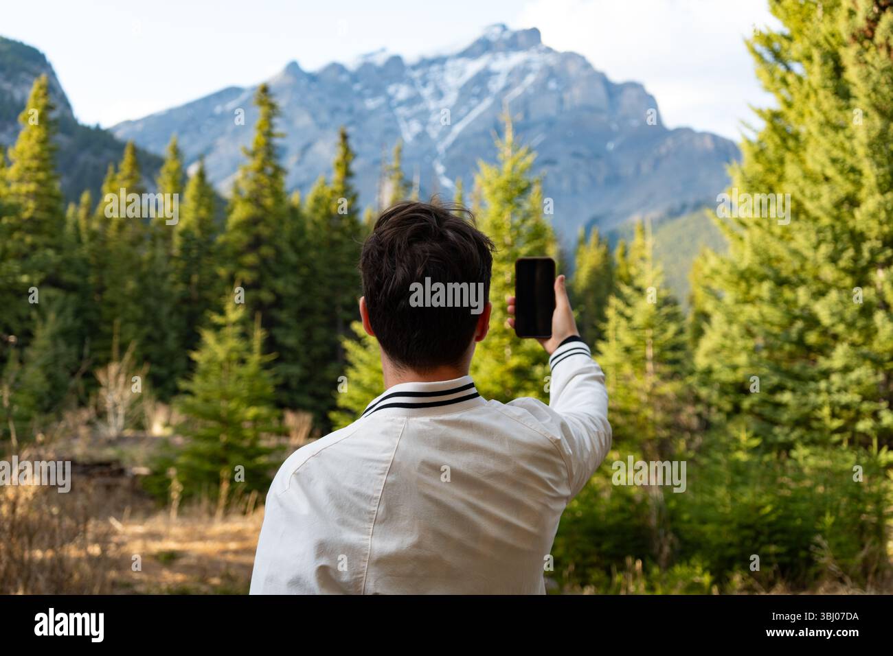 Uomo che scatta una foto delle montagne in una pineta Foto Stock