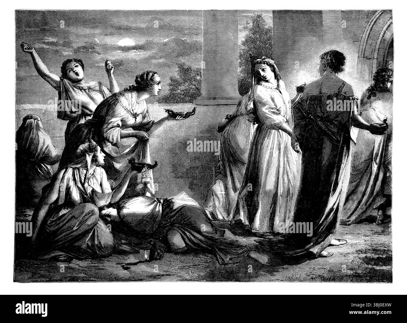 Illustrazione delle dieci Vergini che andavano a incontrare lo sposo 5 erano saggi 5 erano sciocchi, i saggi prendevano le loro lampade e l'olio, gli sciocchi prendevano Foto Stock