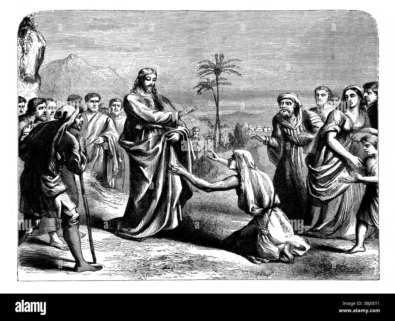 Illustrazione del lebbroso che prega Gesù per curarlo "io sarò tu pulito" Matteo VIII.3 dell'Antica Ottocento la Sacra Bibbia che contiene la o Foto Stock