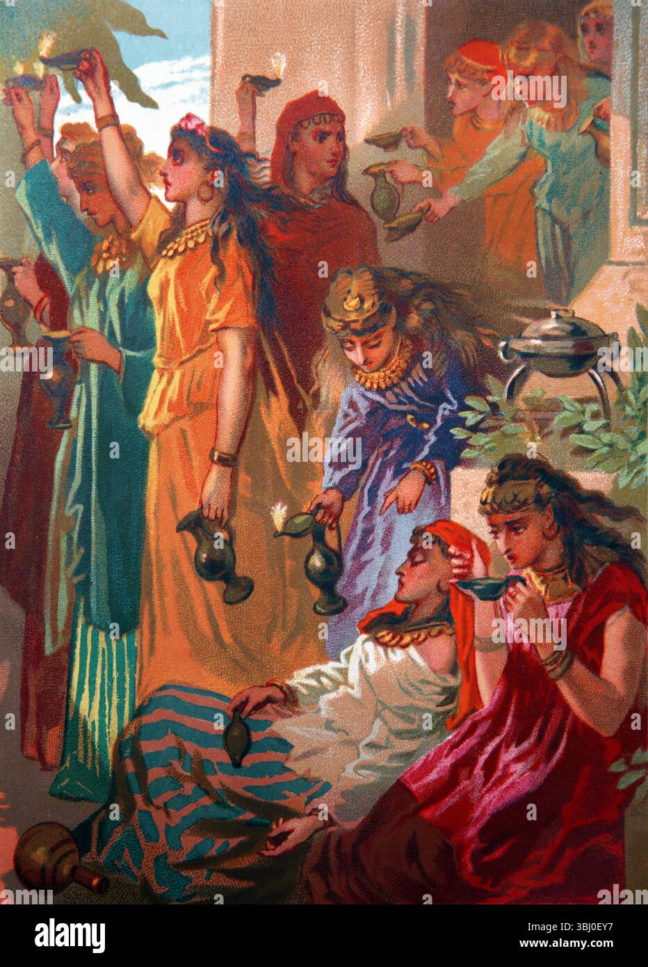 Illustrazione delle dieci Vergini che andavano a incontrare lo sposo 5 erano saggi 5 erano sciocchi, i saggi prendevano le loro lampade e l'olio, gli sciocchi prendevano Foto Stock