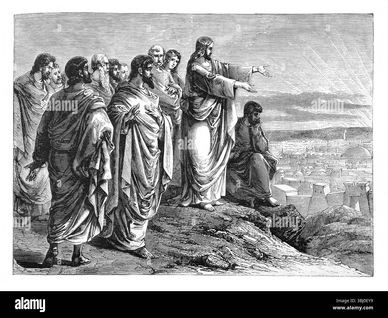 Illustrazione di Gesù Cristo che piange su Gerusalemme (Matteo XXIII 37-39) dall'Antico XIX secolo la Sacra Bibbia contenente il Vecchio e il nuovo Testamen Foto Stock