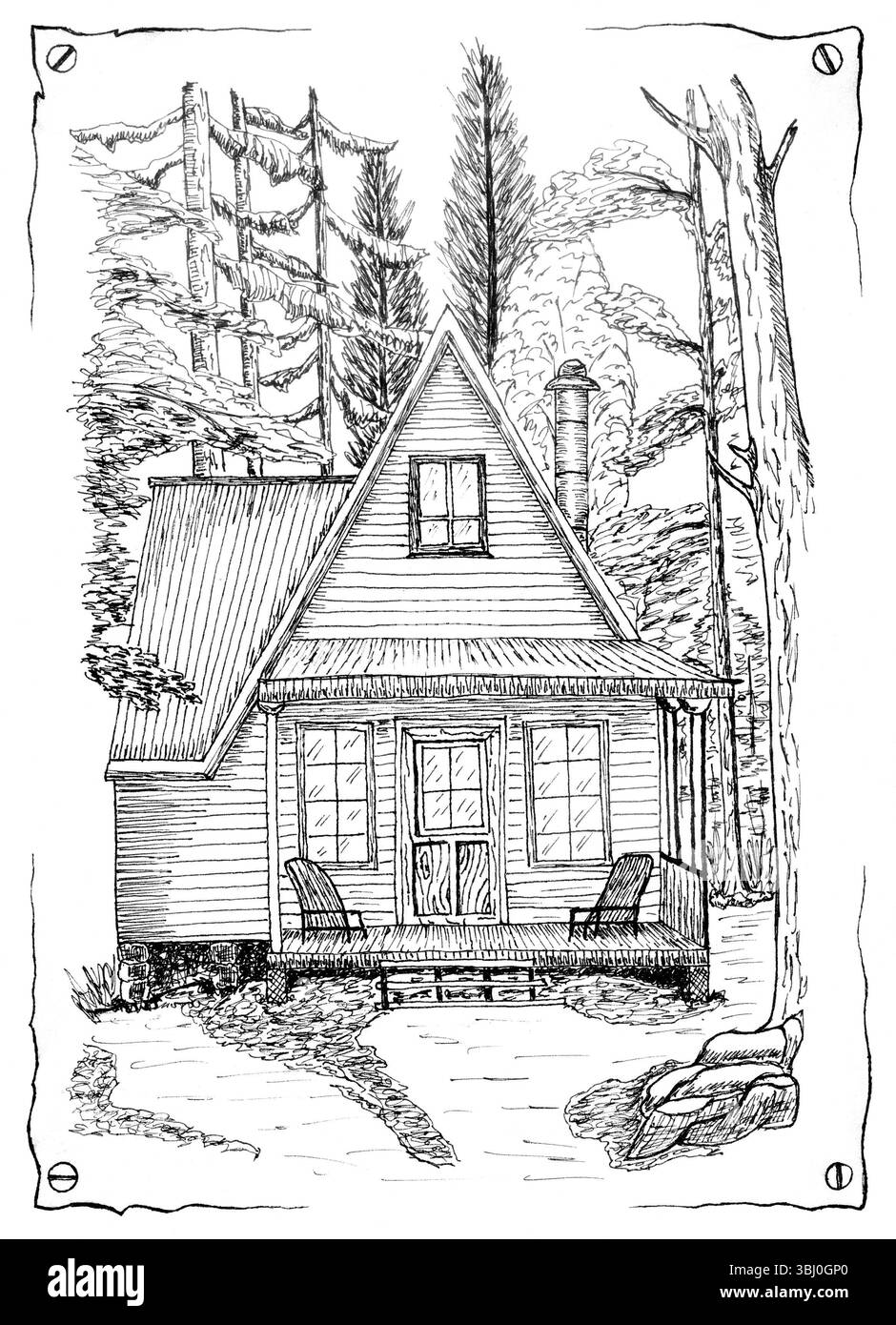 Illustrazione a penna e inchiostro disegnati a mano di un'affascinante cabina con telaio Ad A annidata in una pineta. Lo schizzo architettonico dettagliato presenta una facciata accogliente Foto Stock