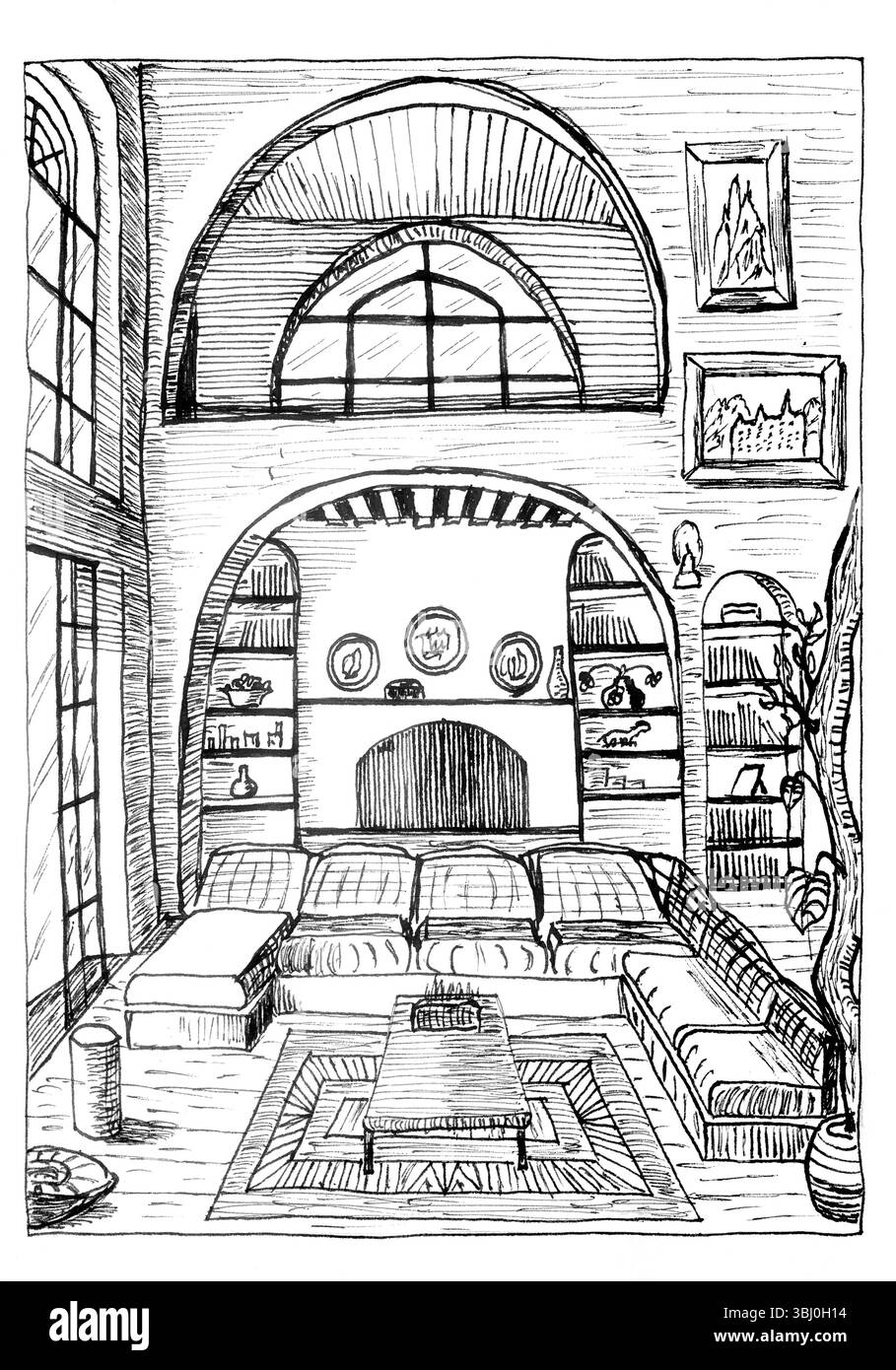 Un dettagliato schizzo a inchiostro bianco e nero che raffigura un sofisticato salotto interno con elementi architettonici distintivi. L'illustrazione mostra Foto Stock