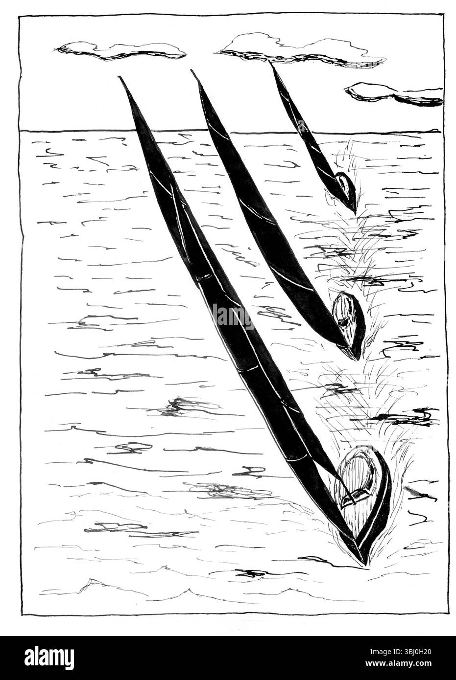 Un suggestivo schizzo a inchiostro bianco e nero che raffigura tre eleganti barche a vela da corsa che attraversano l'acqua aperta ad alta velocità. L'illustrazione cattura la d Foto Stock