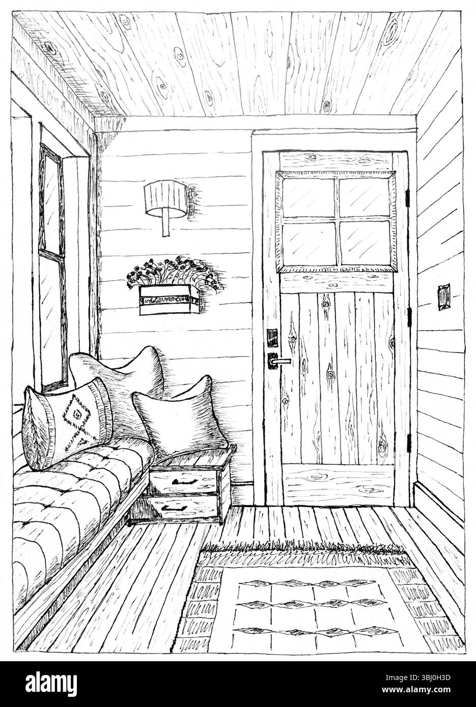 Un'illustrazione dettagliata disegnata a mano che raffigura l'ingresso accogliente di un abitacolo rustico. Lo sketch presenta un corridoio rivestito in legno con nat Foto Stock