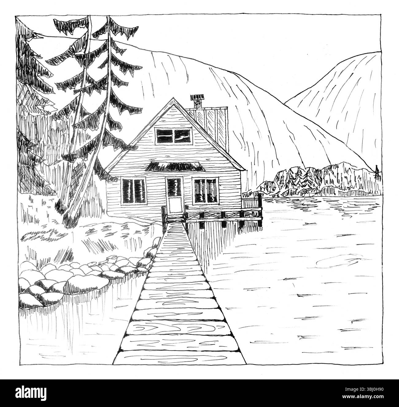 Illustrazione in bianco e nero disegnata a mano di una tranquilla cabina sul lago con montagne sullo sfondo. Questa dettagliata opera d'arte presenta un documento in legno Foto Stock