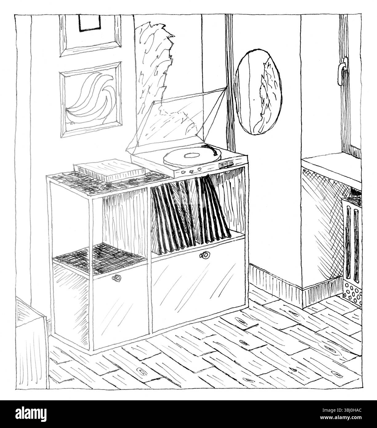 Illustrazione in bianco e nero disegnata a mano di uno spazio interno accogliente con un lettore di dischi in vinile. Questa grafica dettagliata cattura una musica retrò Foto Stock