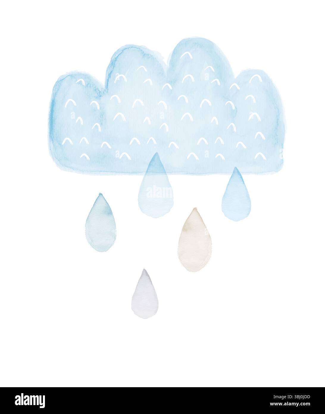 Illustrazione acquerello della nuvola blu pastello con gocce di pioggia su sfondo bianco. Cute Nursery Art per Baby Boy. Rainy Weather Nursery Print. Foto Stock