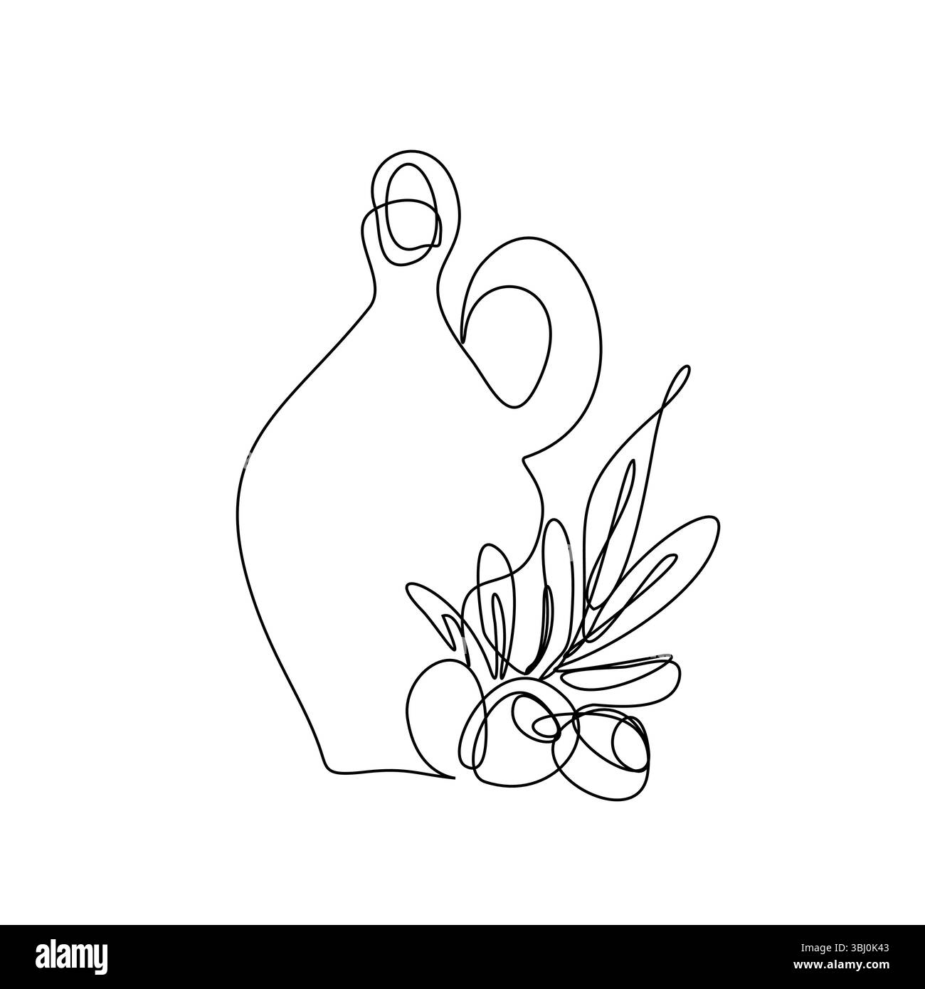 Una linea continua silhouette olio d'oliva in bottiglia e ramificato con illustrazione di frutta e foglie verdi. Illustrazione Vettoriale