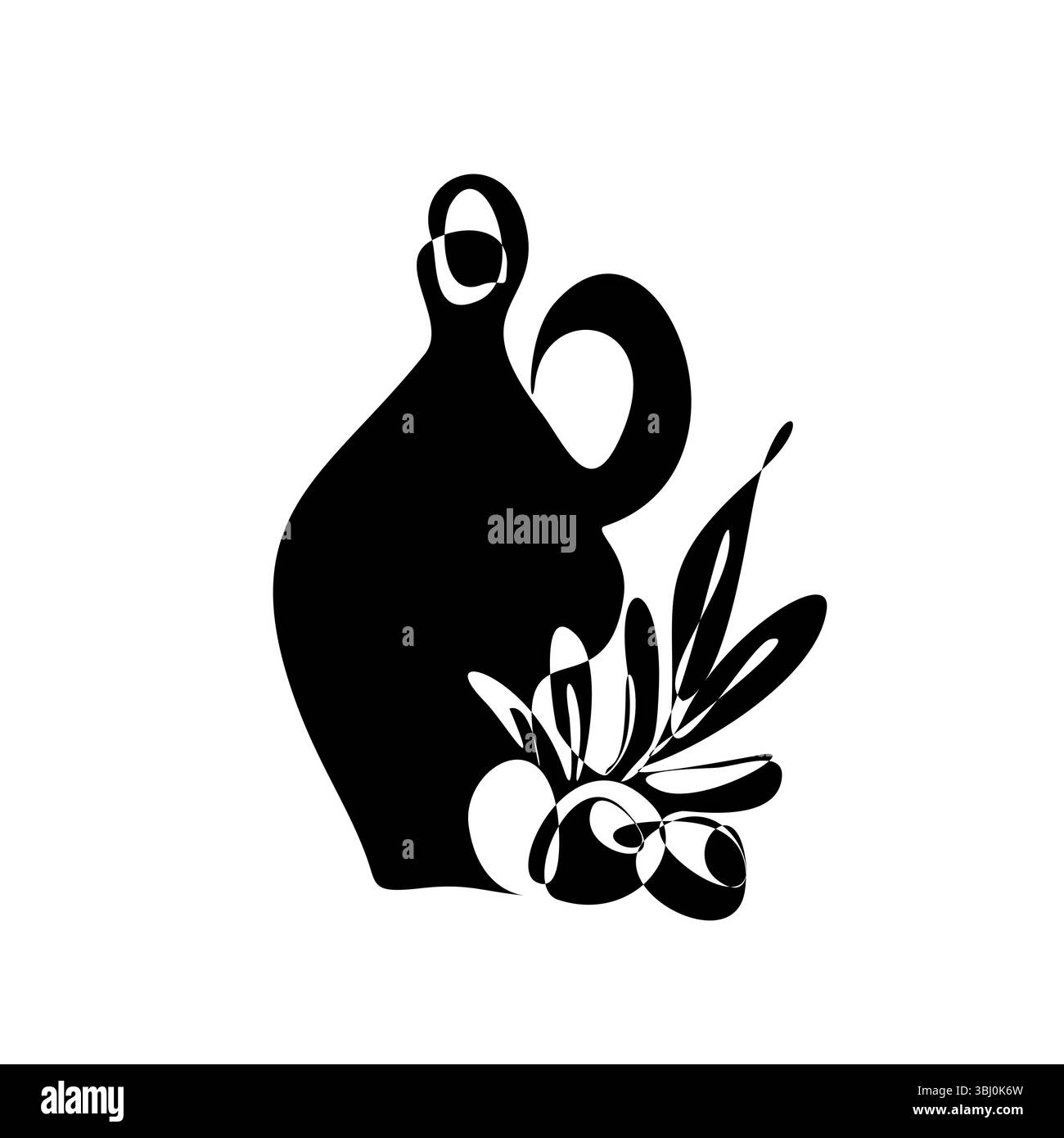 Silhouette nera dell'olio d'oliva in bottiglia e ramificato con illustrazione di frutta e foglie verdi. Illustrazione Vettoriale
