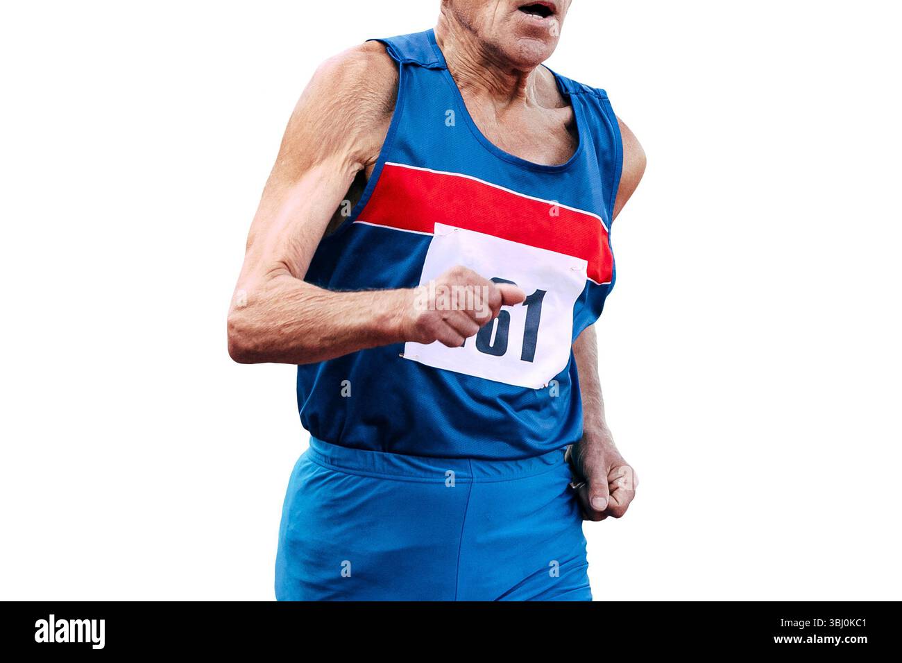 primo piano, 70 anni, corridore che corre in atletica da maestro isolato su sfondo bianco Foto Stock