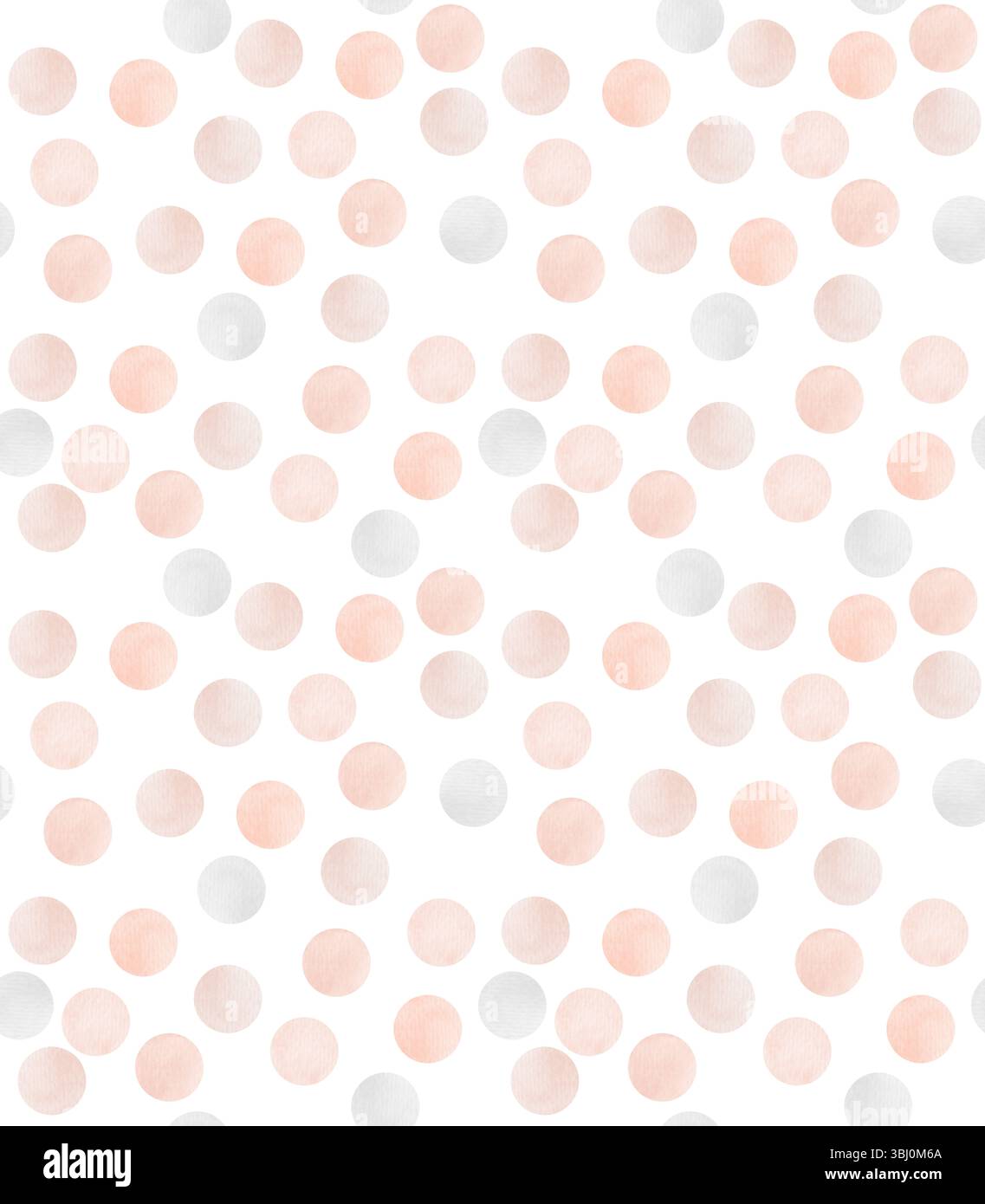 Semplice motivo a punti senza semi. Pittura ad acquerello di punti rosa pastello, corallo e grigio chiaro su sfondo bianco. Stampa a pois astratta e infinita. Foto Stock