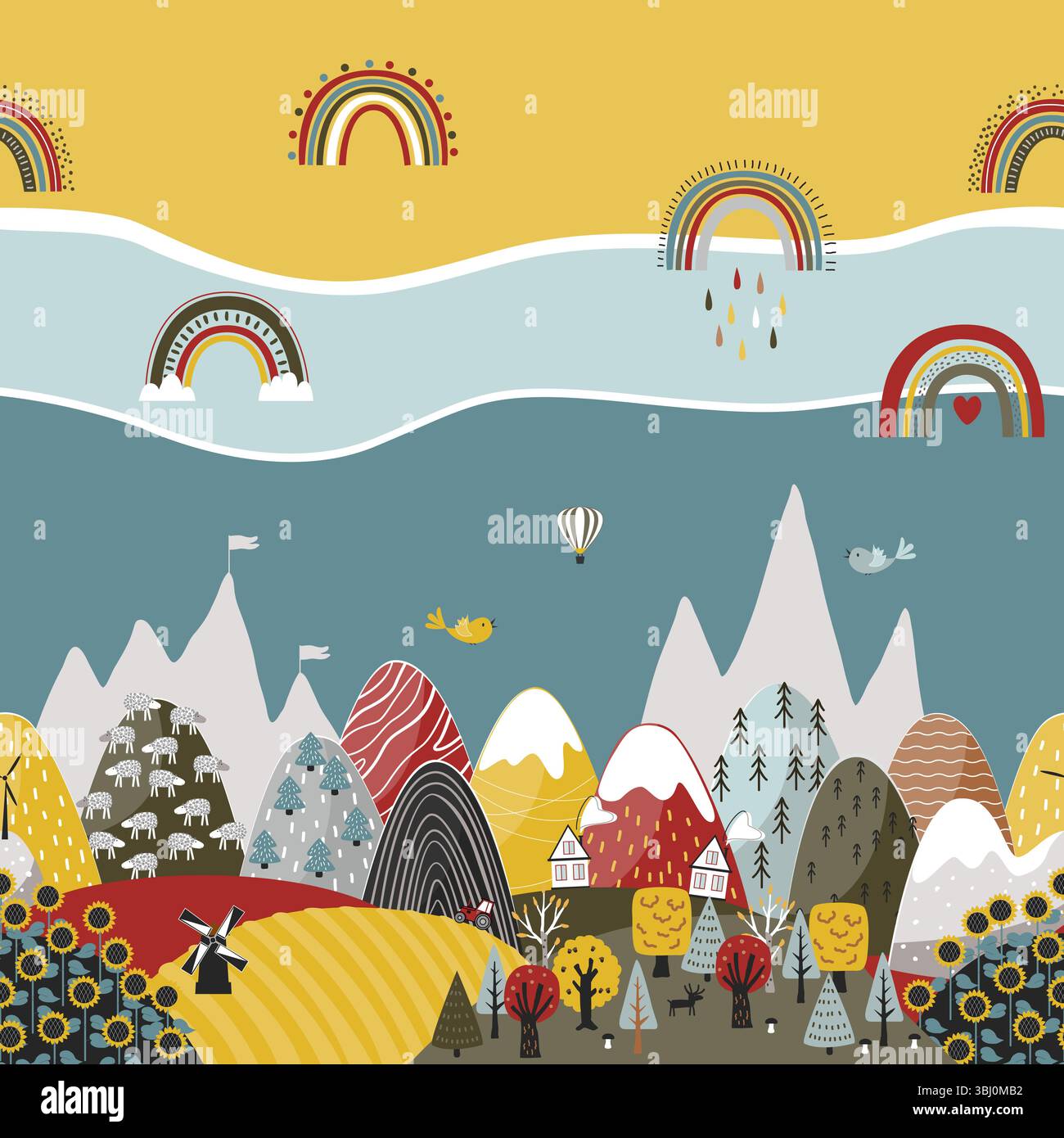 Grazioso motivo di bordi senza cuciture con montagne e campi disegnati a mano. Texture creative per bambini per tessuti, decorazioni e sfondi per bambini Illustrazione Vettoriale