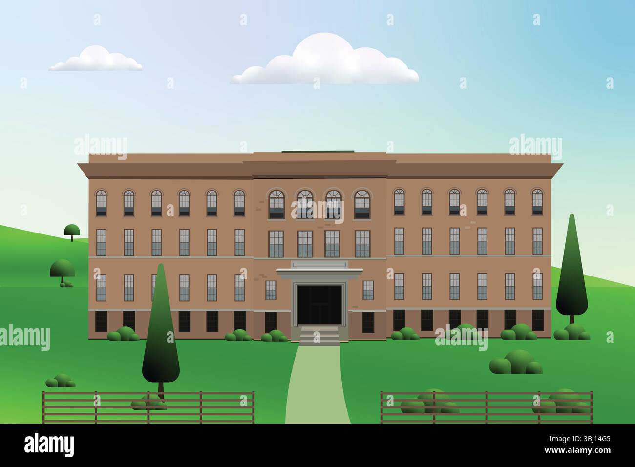 Illustrazione vettoriale di un edificio residenziale a tre piani con esterno marrone e moderno design architettonico Illustrazione Vettoriale