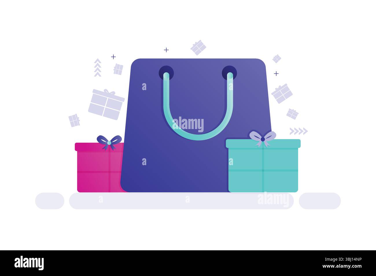 Illustrazione vettoriale di una shopping bag blu con confezioni regalo Illustrazione Vettoriale
