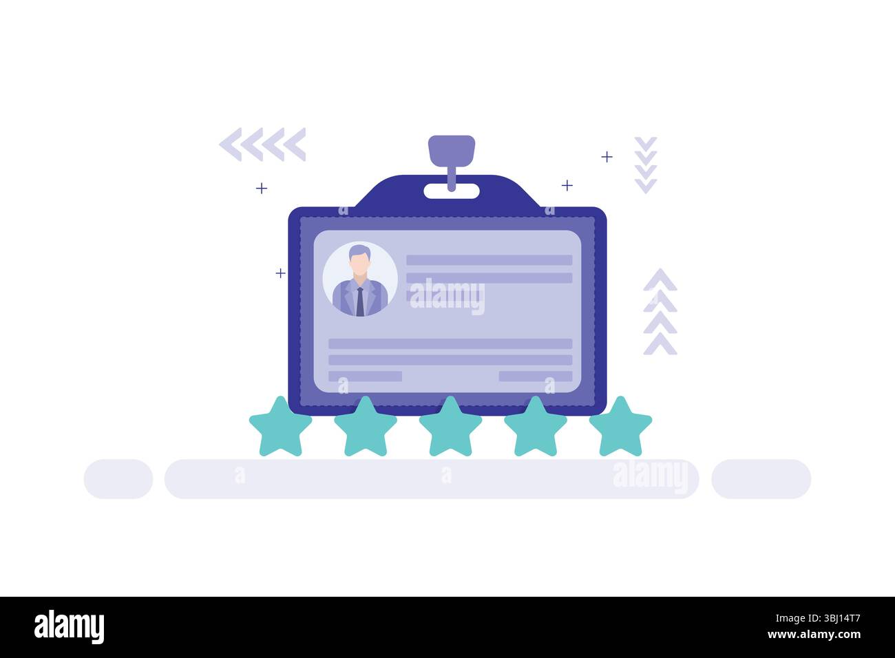 Illustrazione vettoriale di un badge con ritratto, stelle di valutazione e dettagli identificativi in uno stile professionale Illustrazione Vettoriale