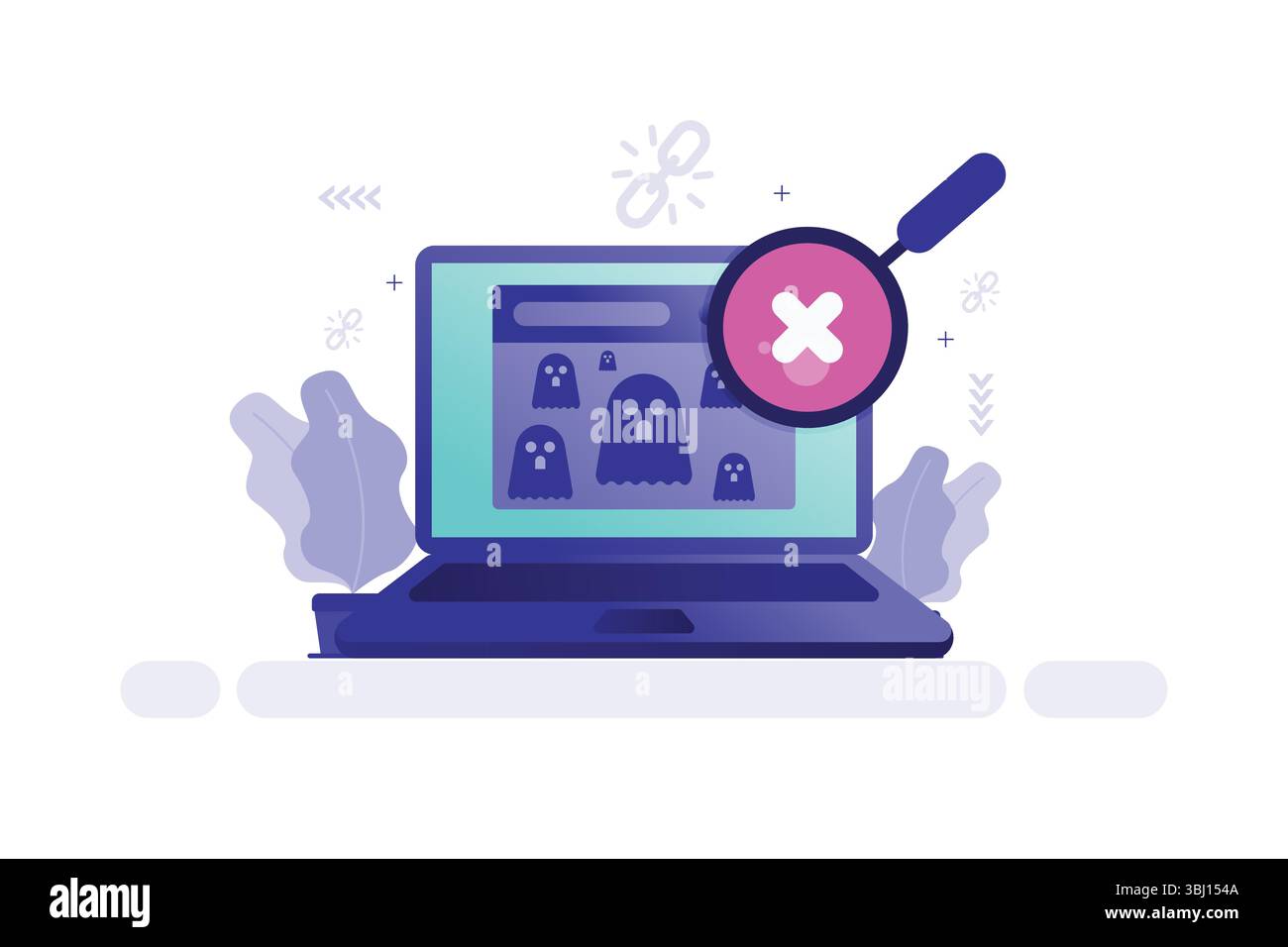 Illustrazione vettoriale di un laptop con fantasmi cartoni animati e lente di ingrandimento che mostra il rilevamento di malware Illustrazione Vettoriale