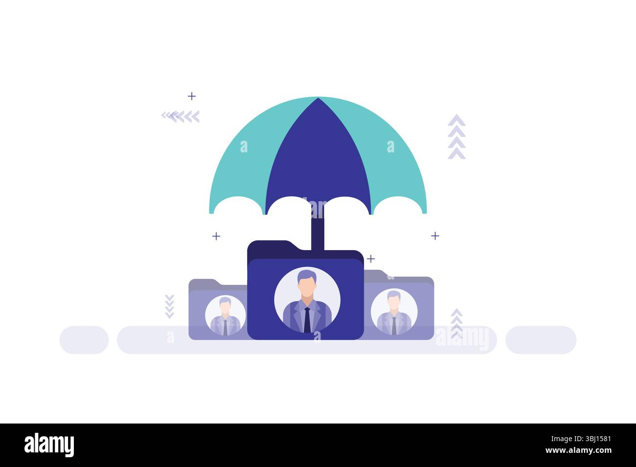 Illustrazione vettoriale di un ombrello che protegge le cartelle con profili utente, concetto di sicurezza dei dati Illustrazione Vettoriale