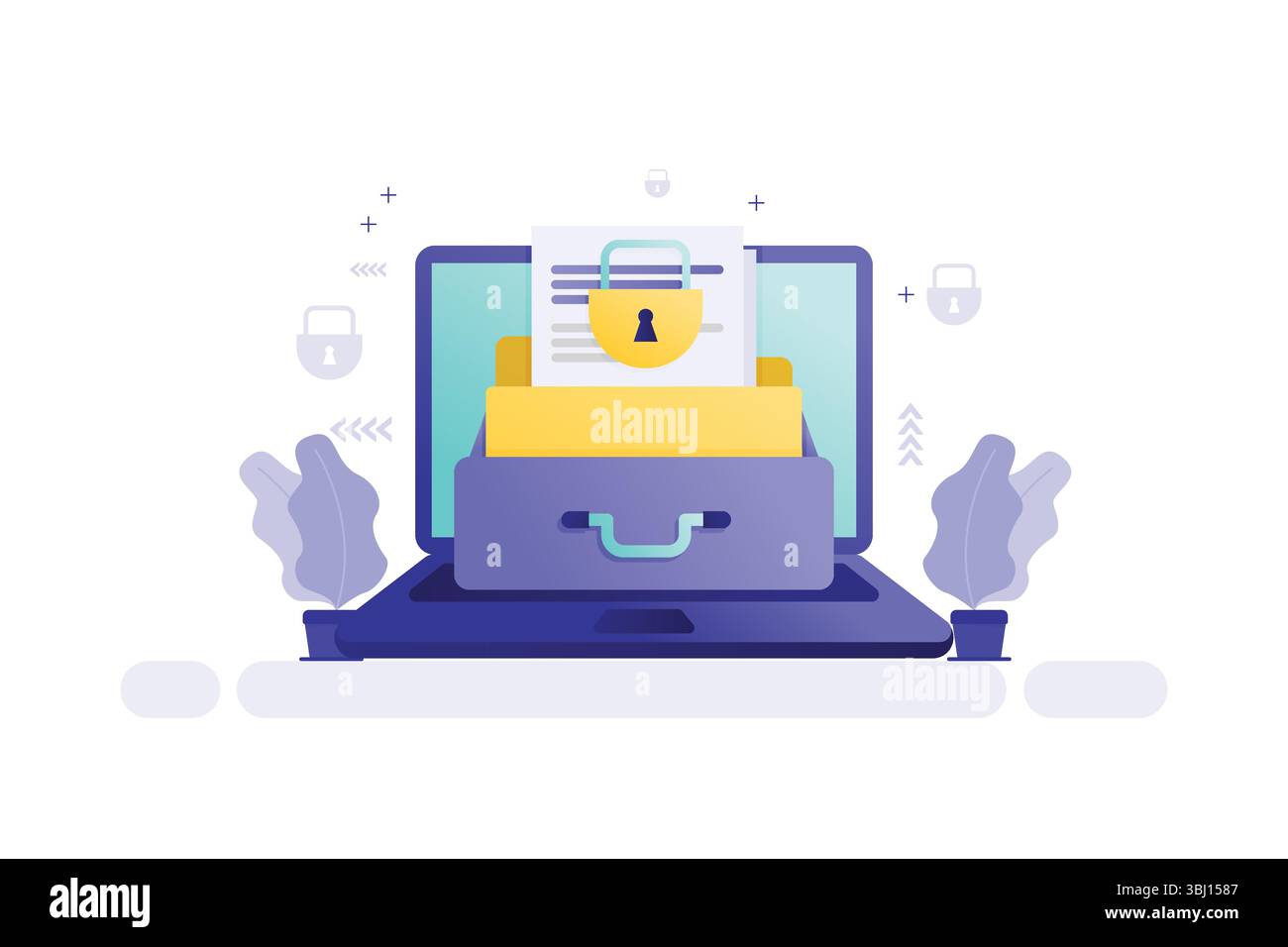 Illustrazione vettoriale di un laptop con documento e lucchetto, concetto di sicurezza informatica e archiviazione sicura dei dati Illustrazione Vettoriale